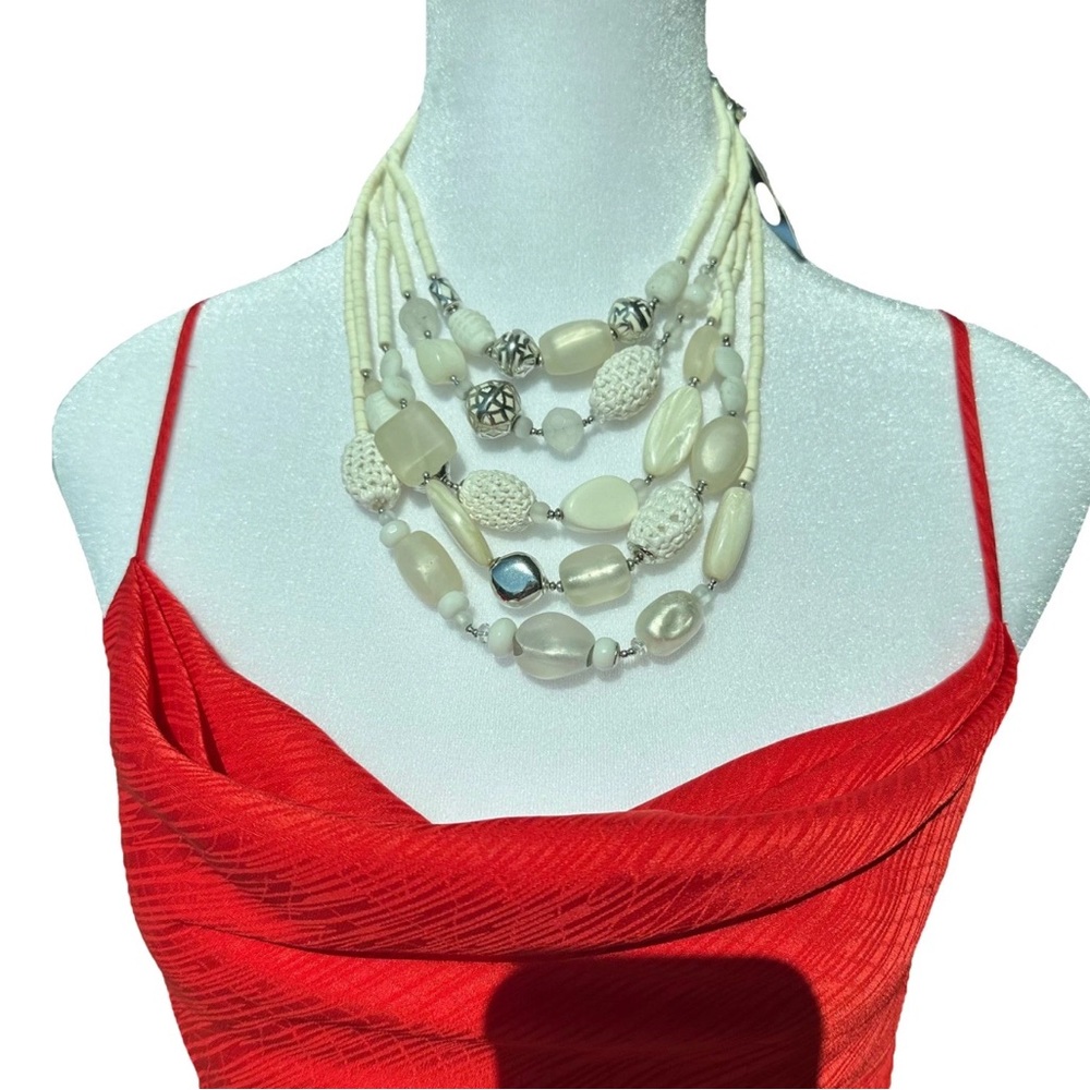 Chunky Multi-Strand White Beaded Statement Necklace w/ Silver Accents – NWT